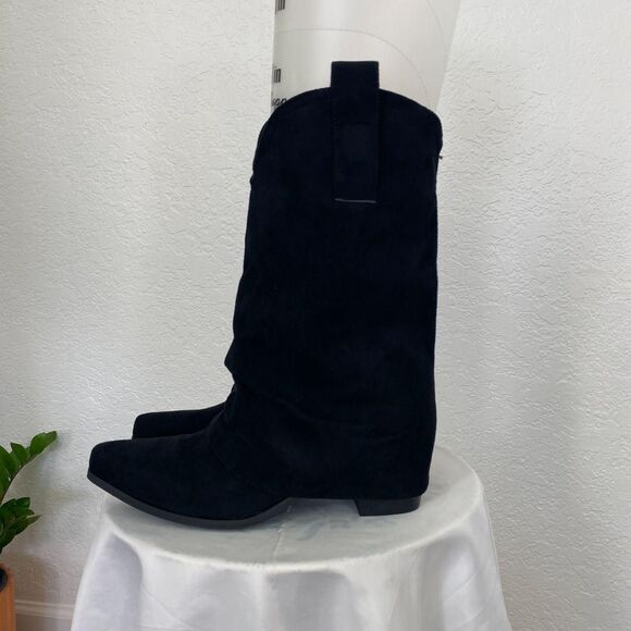 NEW Black Faux Suede Iconic Fold Over Western Style Cowboy Cowgirl Boots US 9.5 - Picture 2 of 7